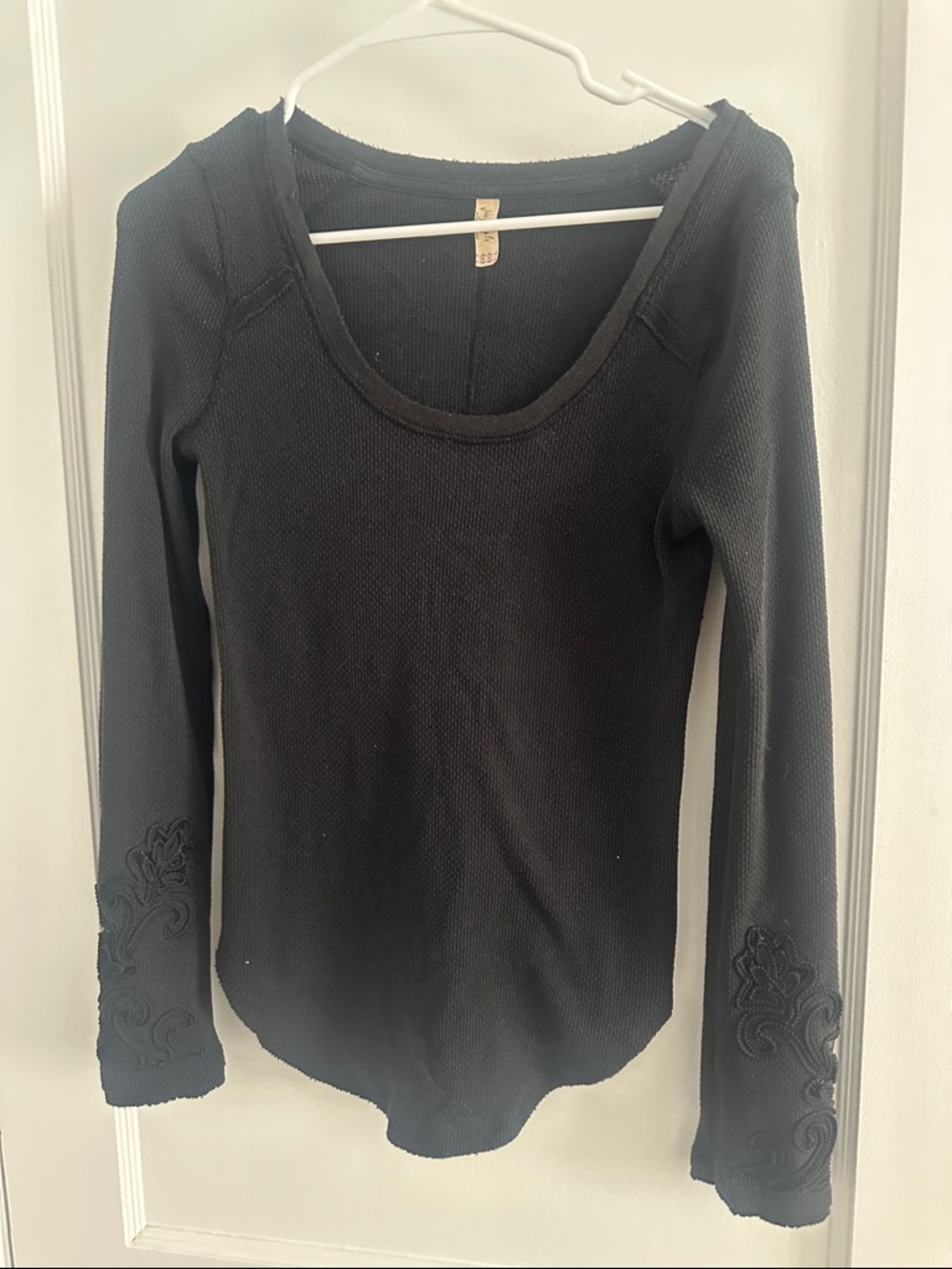 Free People Black Waffle Knit Scoop Neck Long Sleeve Top